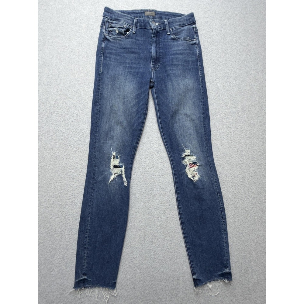 Mother High Waisted Looker Ankle Fray Jeans Womens 26 Blue Med Wash Distressed